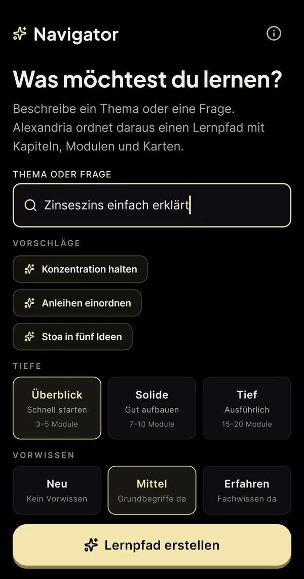 Alexandria Navigator: Zinseszins einfach erklärt als Thema, Überblick als Tiefe und mittleres Vorwissen für den eigenen Lernpfad.