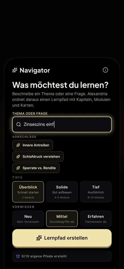 Alexandria Navigator: Was möchtest du lernen? Aus dem Thema „Zinseszins einfach erklärt“ entsteht ein Lernpfad.